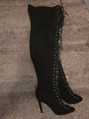 Black Lace-Up Over-the-Knee Stiletto Boots - Women